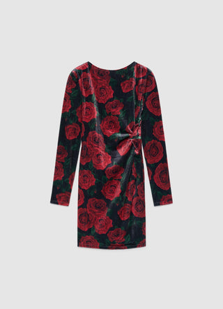 Mini-Kleid mit Rosenprint und seitlicher Knotendetailierung