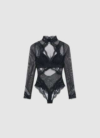 Lace bodysuit with high neck