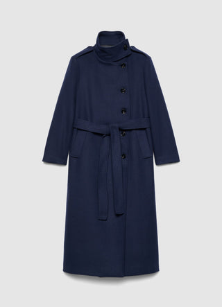 Long coat with high collar and belt