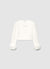 T-shirt corta con scritta di strass e polsini piumati
