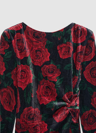 Mini-Kleid mit Rosenprint und seitlicher Knotendetailierung