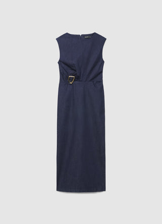 Sleeveless denim dress with buckle