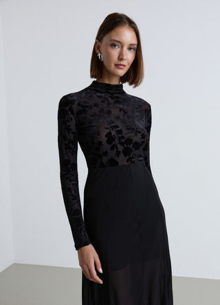Long-sleeve mesh T-shirt with floral flocking