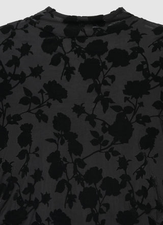Long-sleeve mesh T-shirt with floral flocking