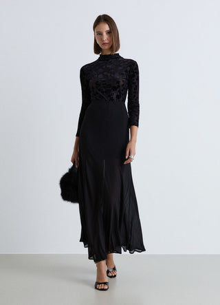 Long-sleeve mesh T-shirt with floral flocking