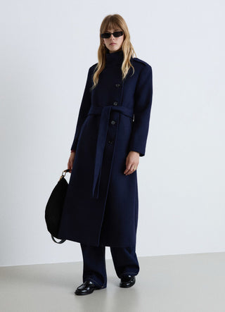 Long coat with high collar and belt