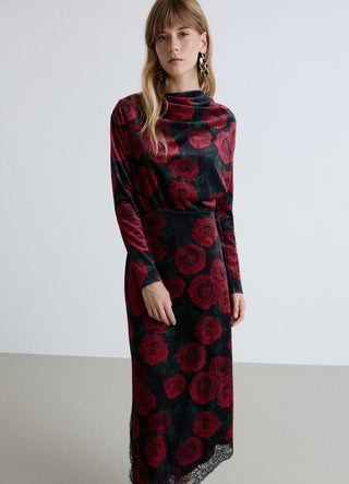 Vestito lungo con scollo drappeggiato e bordo in pizzo