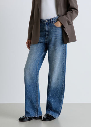 Jeans wide leg con strass