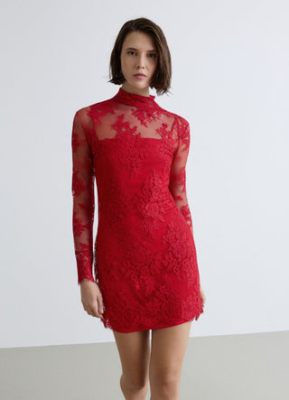 Robe courte en dentelle à col montant