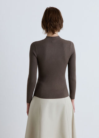 Long-sleeved ribbed T-shirt with a high collar