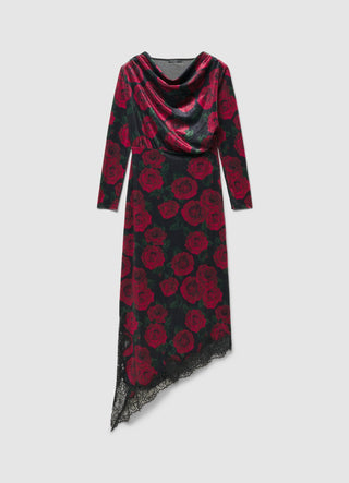 Vestito lungo con scollo drappeggiato e bordo in pizzo