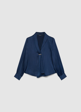 Blouse with a draped striped lapel collar
