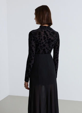 Long-sleeve mesh T-shirt with floral flocking