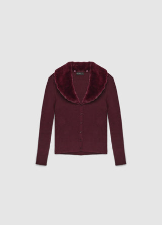 Cardigan a costine con collo effetto pelliccia